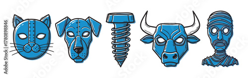 Five blue stylized illustrations featuring a cat, a dog, a screw, a bull, and a human face with prominent black outlines.