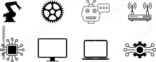 Technology AI icons set - robot, chip, robotic arm, artificial intelligence, wifi, router, gear, monitor, smartfone vector