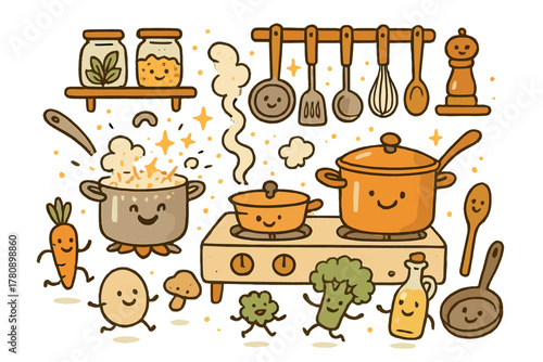 Whimsical Kitchen Lab. Whimsical doodle kitchen lab with smiling pots and pans, cartoon ingredients dancing, tiny sparks