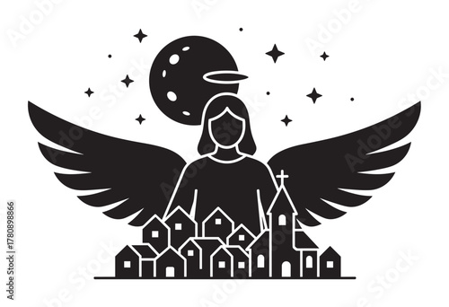 Black silhouette of a winged angel with a halo hovering above a village of small houses and a church, set against a night sky with stars and a moon.