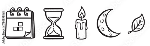 Black outline icons featuring a calendar, an hourglass, a burning candle, a crescent moon, and a leaf, representing time, light, and nature concepts.