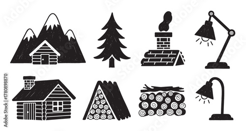 Black outline icons of outdoor cabin, pine tree, chimney with smoke, desk lamp, stacked firewood, and a-frame tent, conveying adventure and rustic themes.