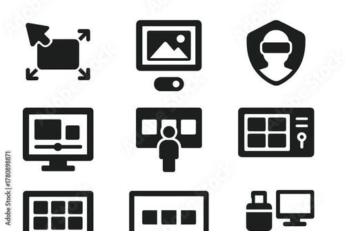 Virtual Curation Tools. Solid style icons of virtual curator tools: drag-and-drop canvas icon, digital frame toggle, VR curation