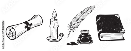 Hand-drawn black and white illustration of a scroll, candle with holder, quill, inkwell, and a closed book, symbolizing vintage writing and literature.