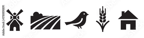 Black silhouette icons of a windmill, farmland, bird, wheat, and a house, representing rural and agricultural themes.