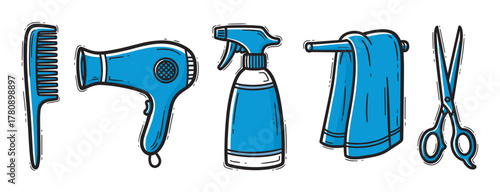 Set of blue outline hair styling tools including a comb, hairdryer, spray bottle, towel, and scissors neatly arranged in a linear graphic.