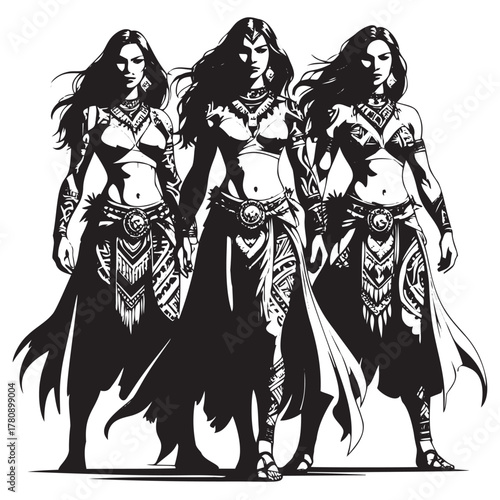 Three powerful warrior women with long flowing hair and ornate tribal armor standing together in a strong pose