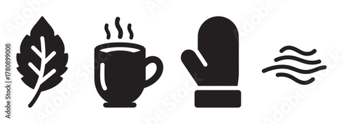Black silhouette icons depicting a leaf, steaming mug, mitten, and wavy lines, symbolizing nature, warmth, and comfort.