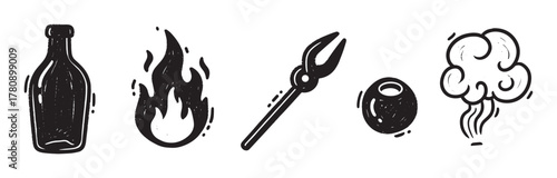 Hand-drawn black and white icons of a bottle, a flame, tongs, a round object, and a puff of smoke, depicting various tools and elements.