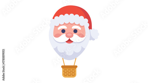 Santa's Soaring Ride: Santa Claus, a jovial figure with a rosy nose and cheerful smile, takes flight in a whimsical hot air balloon, ready to spread holiday cheer and deliver Christmas gifts.