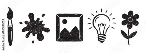Black ink sketch depicting a paintbrush, splash, framed picture, light bulb, and flower, symbolizing creativity and inspiration.