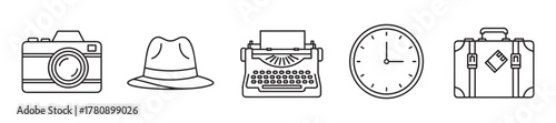 Black outline vector icons of a camera, fedora hat, typewriter, clock, and suitcase, representing various travel and vintage items.
