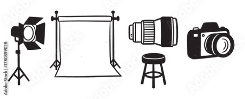 Black and white sketch of photography equipment including a camera, lens, lighting setup, backdrop stand, and stool.