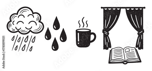 Black and white illustrations depict a rainy cloud, raindrops, a steaming coffee cup, an open book, and closed curtains.