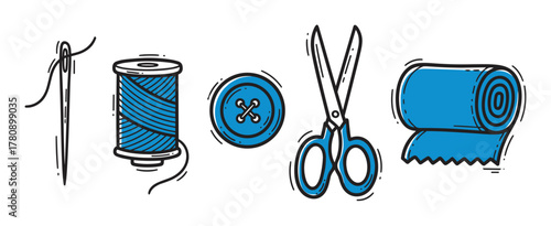 Black outline vector icons of a sewing needle, blue thread spool, blue button, blue scissors, and blue rolled fabric, ideal for textiles and crafting themes.