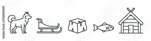 Black outline vector icons of a husky dog, sled, ice block, fish, and cabin. minimal linear illustrations for winter and arctic adventure concepts.