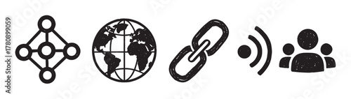 Black and white icons representing network connections, global communication, hyperlinking, wireless signals, and group interaction concepts.