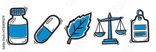 Hand-drawn icons in blue and black outline featuring a medicine bottle, capsule, leaf, scales, and a tag, representing health and balance themes.