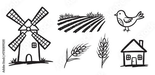 Black outline drawings of a windmill, cultivated field, bird, house, and wheat stalks representing rural and agricultural elements.