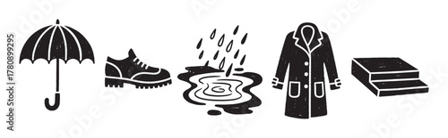Black silhouettes of an umbrella, shoe, rain puddle, coat, and two books symbolizing rainy weather essentials.