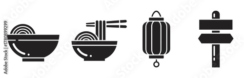 Black silhouette icons of a bowl of noodles, chopsticks with noodles, a traditional lantern, and a directional signpost.