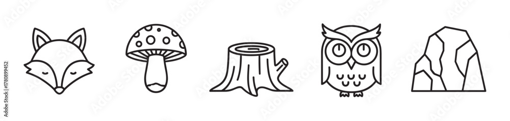 Obraz premium Black outline icons featuring a fox, a mushroom, a tree stump, an owl, and a rock in a minimal linear style.