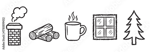 Hand-drawn black outline icons of a smoking chimney, stacked logs, steaming coffee cup, paneled window, and a pine tree.