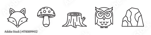 Black outline icons featuring a fox, a mushroom, a tree stump, an owl, and a rock in a minimal linear style.
