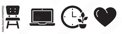 Black silhouette icons of a chair, laptop, clock with plant, and heart, representing furniture, technology, time, nature, and love.