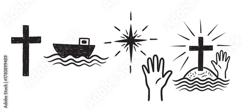 Set of religious iconography featuring a cross, a boat on waves, a shining star, and hands reaching toward the surface and a cross on a hill.