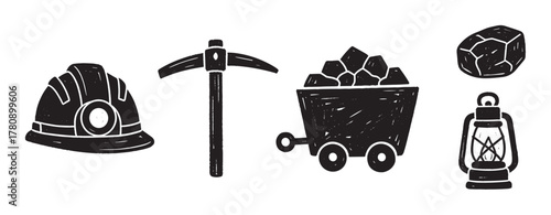 Black and white sketch-style icons of a miner's hard hat, pickaxe, coal cart filled with coal, lantern, and a piece of coal, depicting mining tools and equipment.