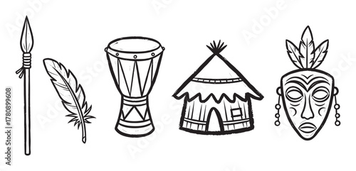Black outline vector illustrations of traditional african symbols including a spear, feather, drum, hut, and mask on a white background.