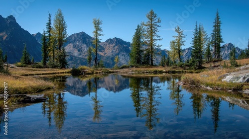 Winthrop Washington. Beautiful mountain reflection in Blue Lake with larch trees and ducks