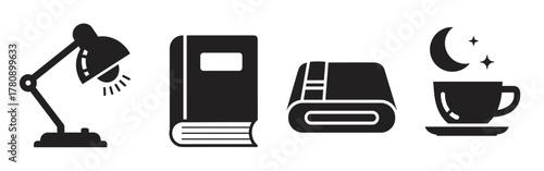 A series of black silhouette icons depicting a desk lamp, an upright book, a closed book, and a steaming cup next to a crescent moon and stars.