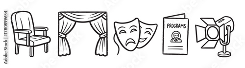 Black outline vector icons of a theater chair, curtains, comedy and tragedy masks, a program, and a spotlight, symbolizing theatrical elements.