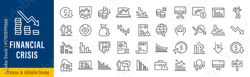 Financial crisis web icon set in line style. Decrease, recession, collapse, layoff, panic, job fired, pay cuts, low cost, collection. Vector illustration.