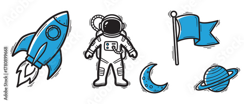 Hand-drawn style icons of a rocket, astronaut, flag, crescent moon, and planet with rings, highlighted in blue accents.