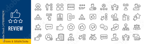 Review web icons in line style. Feedback, user, testimonials, comment, like, survey, rating. Editable stroke. Vector illustration.