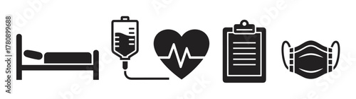 Black silhouette icons of a hospital bed, iv drip, heart with electrocardiogram line, clipboard, and face mask, representing medical and healthcare concepts.