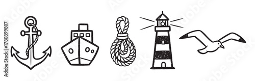 Black outline icons of nautical elements including an anchor, ship, rope, lighthouse, and seagull, representing maritime and sea travel themes.