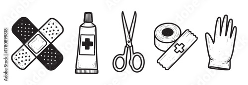 Black and white illustration of first aid items including bandages, ointment tube, scissors, adhesive bandage roll, and medical glove.