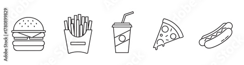 Black outline icons of a burger, fries, drink, pizza slice, and hot dog, representing various fast food items in a minimal style.