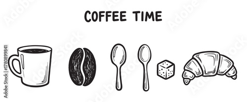 Hand-drawn vector illustration of coffee essentials, featuring a mug, bean, spoons, sugar cube, and croissant, with the phrase "coffee time" above.