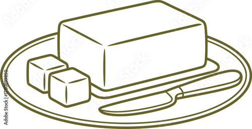 Butter block and cubes with knife on tray and plate in clean monochrome line vector style for food, kitchen, and culinary illustrations.