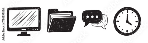 Hand-drawn icons of a computer monitor, a file folder, chat bubbles, and a clock, representing communication and time management tools.