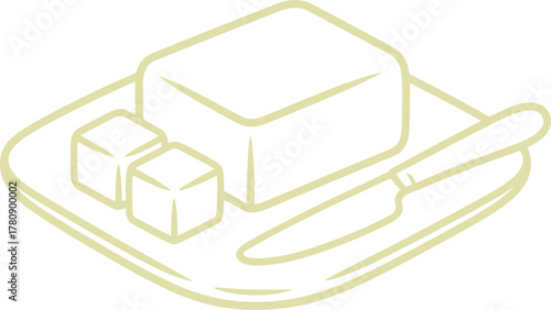 Butter block and cubes on plate with knife in minimal line style vector illustration for culinary, kitchen, and food design use.