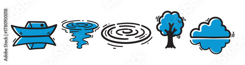 Simple blue and black doodle-style icons depicting a paper boat, tornado, whirlpool, tree, and cloud, each with dynamic lines.