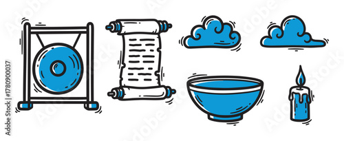 Hand-drawn mystical objects including a gong, scroll, clouds, bowl, and candle, each outlined in black and accented with blue.