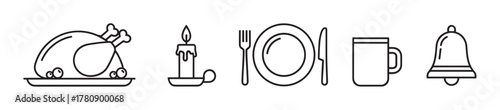 Black outline icons of a roasted chicken on a platter, a lit candle, a dining set with fork and knife, a mug, and a service bell.