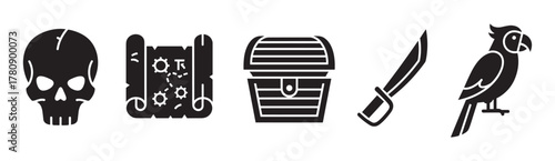 Black silhouette icons of a pirate skull, treasure map, chest, cutlass, and parrot, symbolizing classic pirate themes.